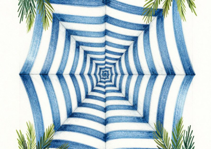 A bold, geometric blue-and-white striped pattern radiates like a trendy scarf, framed by pine-green accents on crisp white.