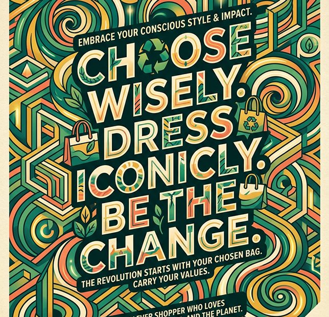 Choose wisely. Dress iconically. Be the change." in bold, with swirling colors, bags, and recycling icons for sustainable bag trends.