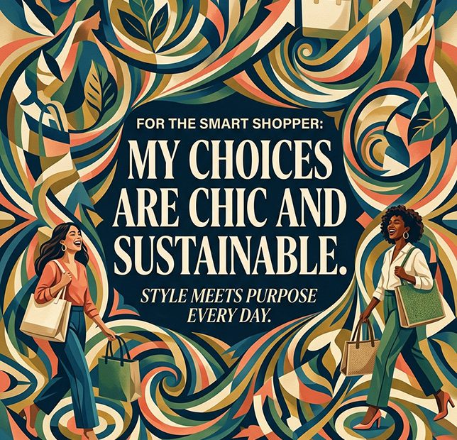 Two fashionable women with shopping bags stride past bold leaves and arrows, highlighting chic 2026 handbags and sustainability.