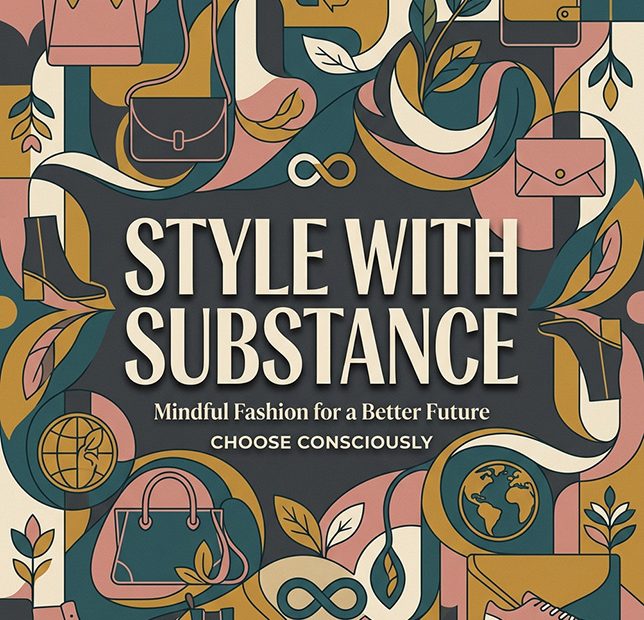 Shoes, designer bags, leaves, and recycling icons frame “STYLE WITH SUBSTANCE”—a call for mindful, sustainable fashion choices.
