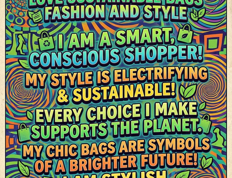 Vibrant psychedelic poster highlights 2026's eco-chic festival bags trend with bold affirmations and green icons throughout.