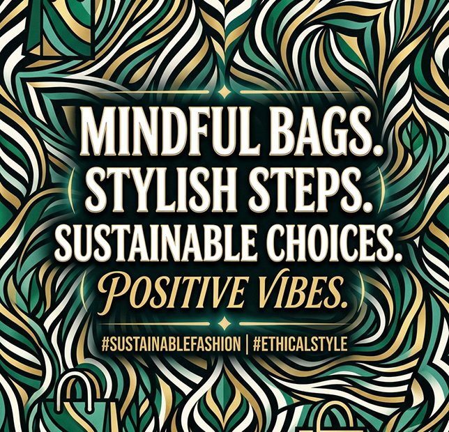Chic graphic with green, gold, and black patterns, shopping bags, and "Mindful bags. Sustainable vibes." #SustainableFashion.