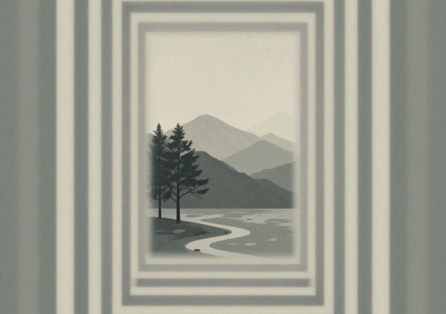 Minimalist grayscale art of a winding river, trees, and mountains—evoking the calm style of a daily commute with a chic messenger bag.