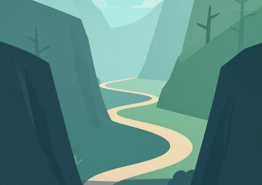A canvas messenger bag sits on a winding valley path, echoing minimalist style amid lush green mountains under a serene sky.