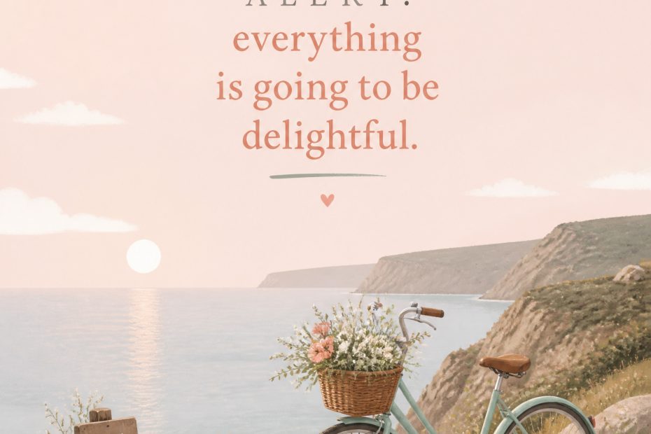 Pastel seaside illustration of a bicycle with floral basket and on-trend bag charms, styled for whimsical, joyful summer fashion.