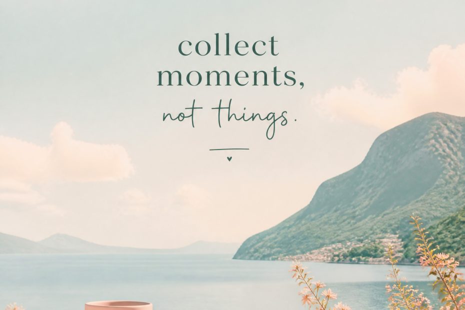 A chic Chanel bag and mug rest on a stone ledge with mountain views, embracing the trend: "collect moments, not things.