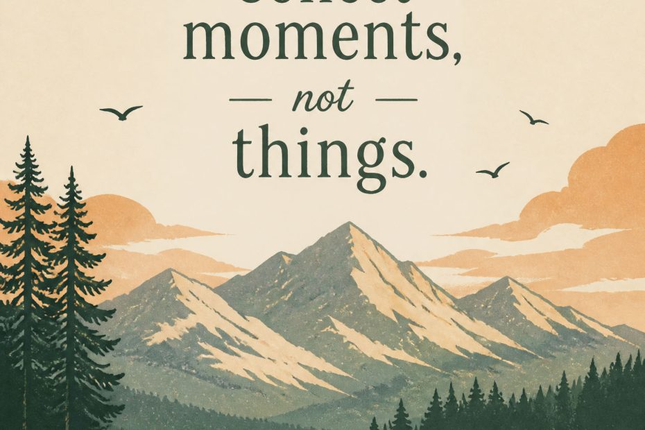 Chic bag accessory design with mountains, pine trees, lake, and mug under an orange sun; reads “Collect moments, not things.”.
