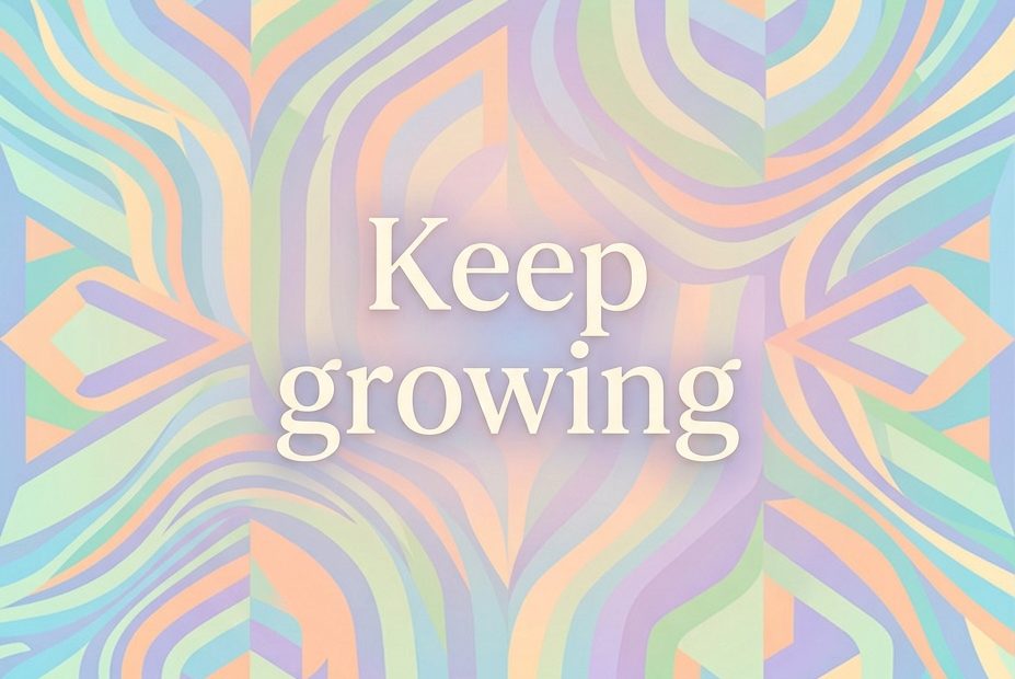Pastel geometric shapes frame "Keep growing" in white serif font, echoing stylish bag charm trends for fashion-forward inspiration.