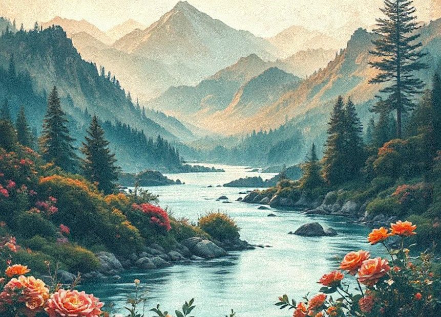 A tranquil river winds past mountains and pine trees, orange-pink blooms foregrounding “Breathe in calm”—perfect tote bag inspiration.