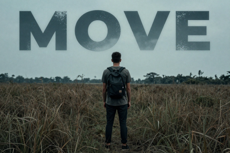 A stylish traveler with a sleek backpack stands in a field under cloudy skies, "MOVE" above—celebrating chic, travel-ready accessories.