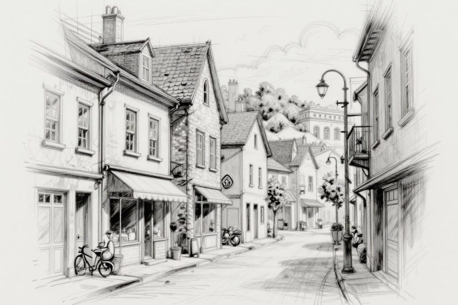 A pencil sketch of a European village street where chic tote bags add flair to locals strolling among shops and vintage buildings.