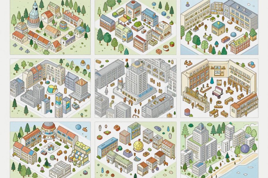 Nine illustrated panels showcase city and suburban buildings featuring stylish shops and trendy figures, arranged in a vibrant grid.