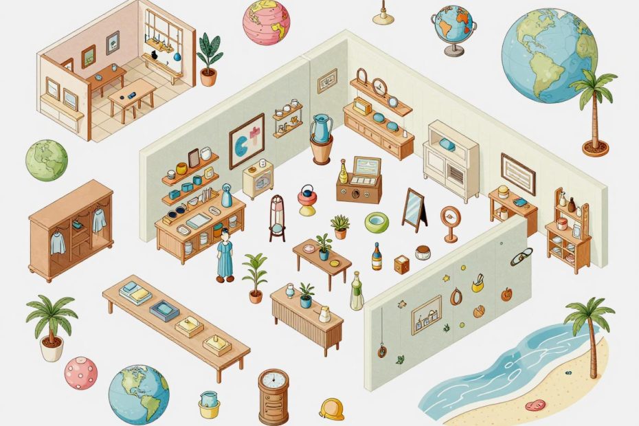 A bright classroom adorned with maps, globes, and beachy décor, where a student in trendy baggy jeans sets a relaxed style trend.