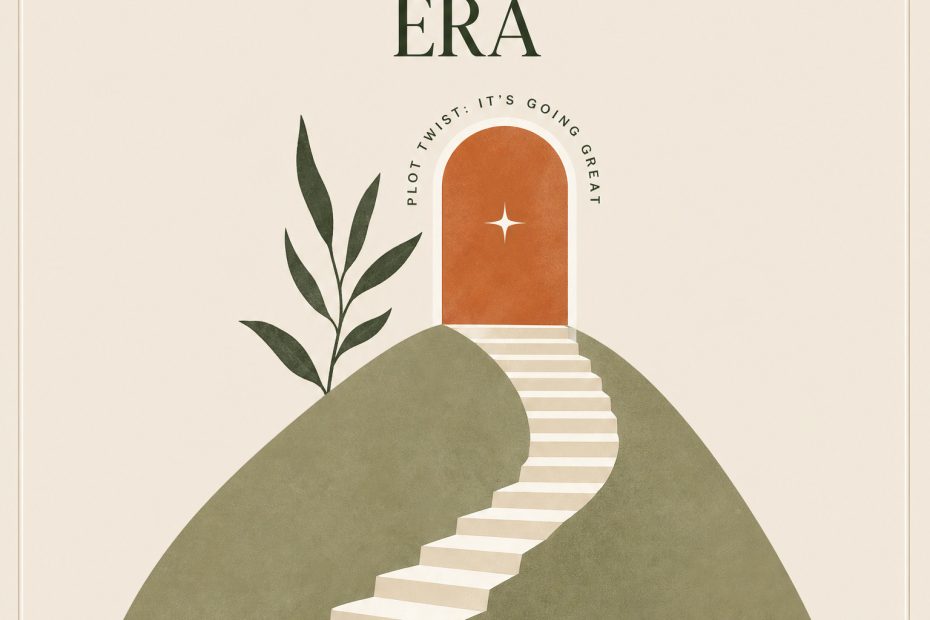 Minimalist art of a curved staircase on a green hill, arched door ahead; stylish text celebrates confidence—daypack is the must-have accessory.