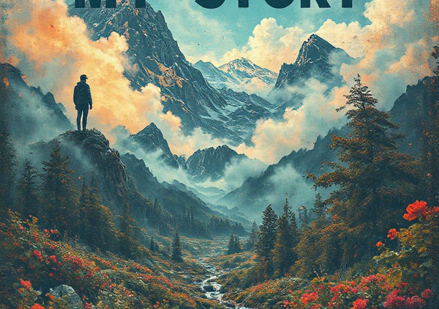 A person on a rocky hill with “I CAN CHANGE MY STORY” above, mountains and blooms—vibrant inspo for trendy travel tote bags.