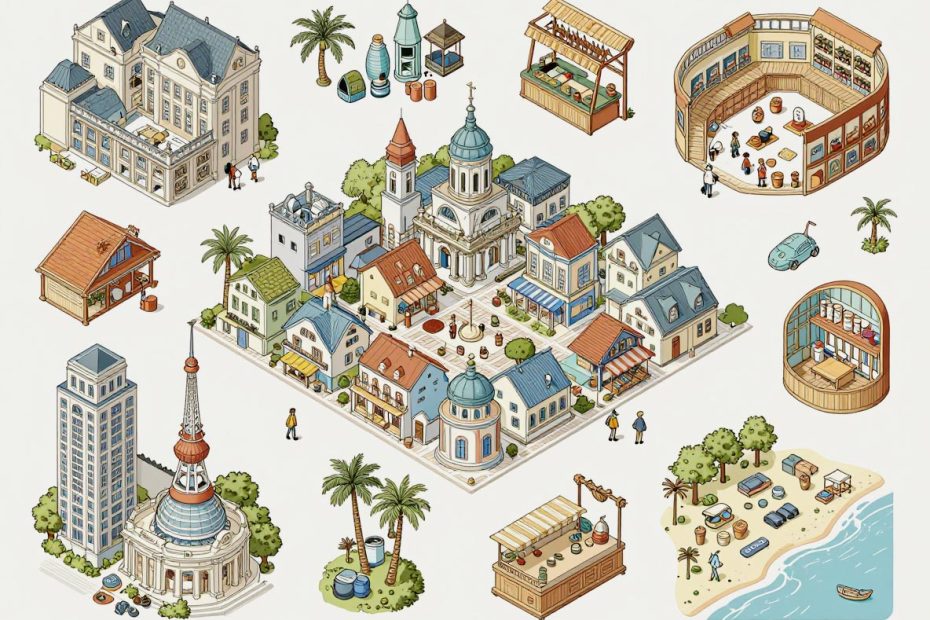 Vibrant isometric coastal town scene with stylish locals sporting trendy school bags, colorful markets, and a lively beach.