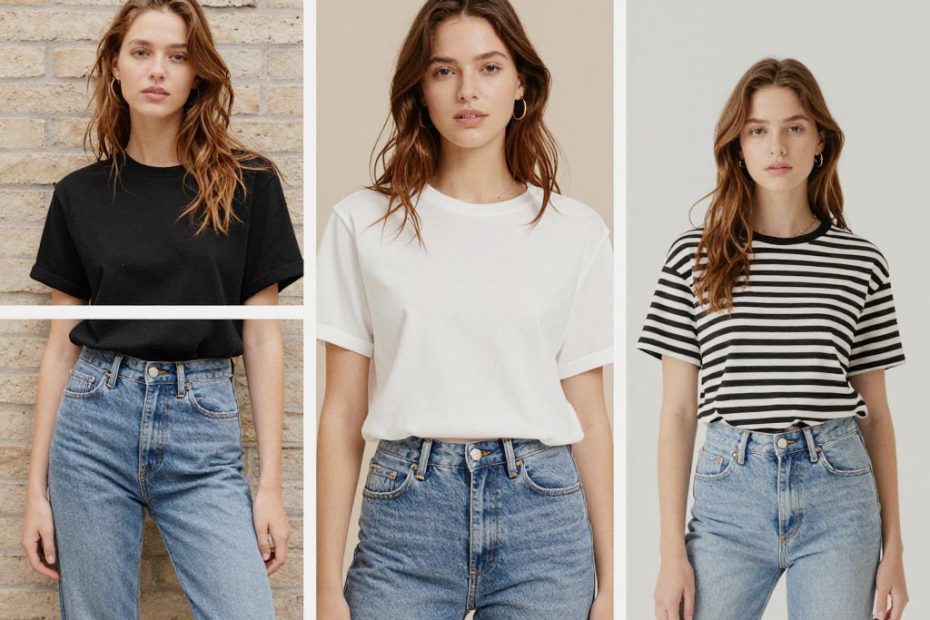 Three women showcase high-waisted jeans and varied tees, elevating each look with trendy bag accessories for a personal style touch.