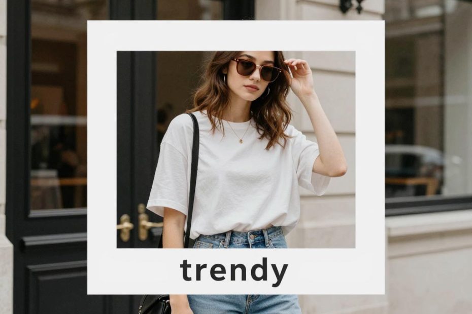 Stylish woman in sunglasses, white tee, and jeans poses by a building, flaunting a chic black bag with trendy charms.