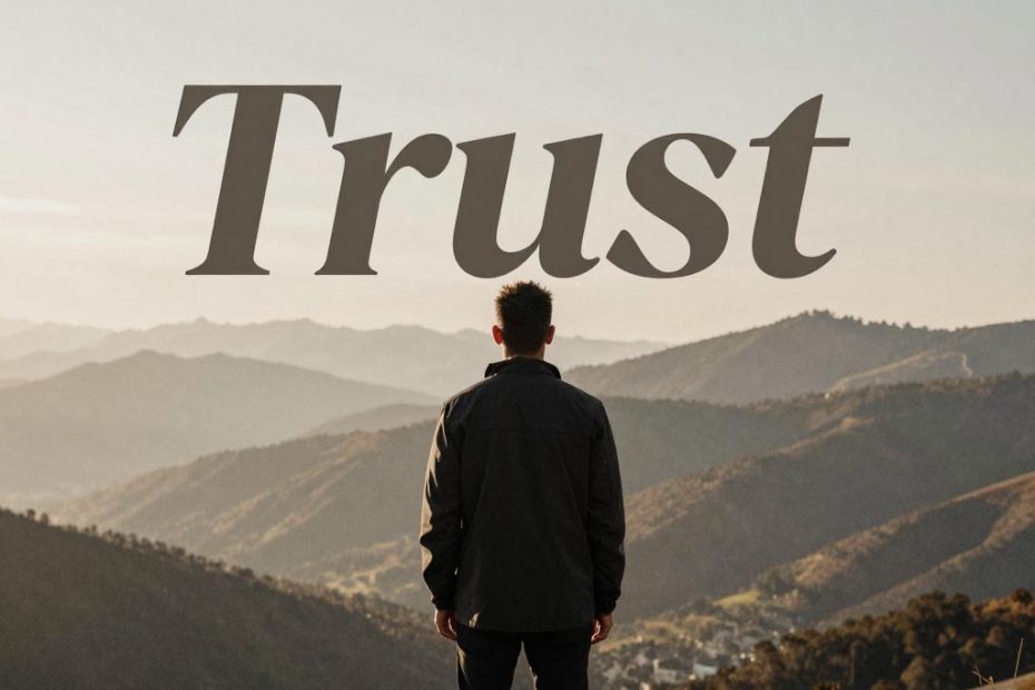 A stylish person with a waxed canvas bag gazes at mountain scenery, “Trust” above—outdoor fashion meets functional trend.
