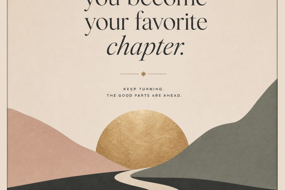 Minimalist art of a winding road to a golden sun, with text: “Style twist—your best chapter starts with must-have bag essentials ahead.”.