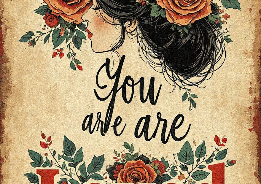 Stylish woman with dark hair and bold orange rose hairpieces, “You are Loved” text, floral accents—vintage chic fashion inspiration.