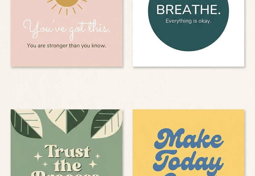 Four chic motivational cards—sun, teal circle, green leaves, bold yellow—perfect stylish inspiration for your sustainable beach bag.