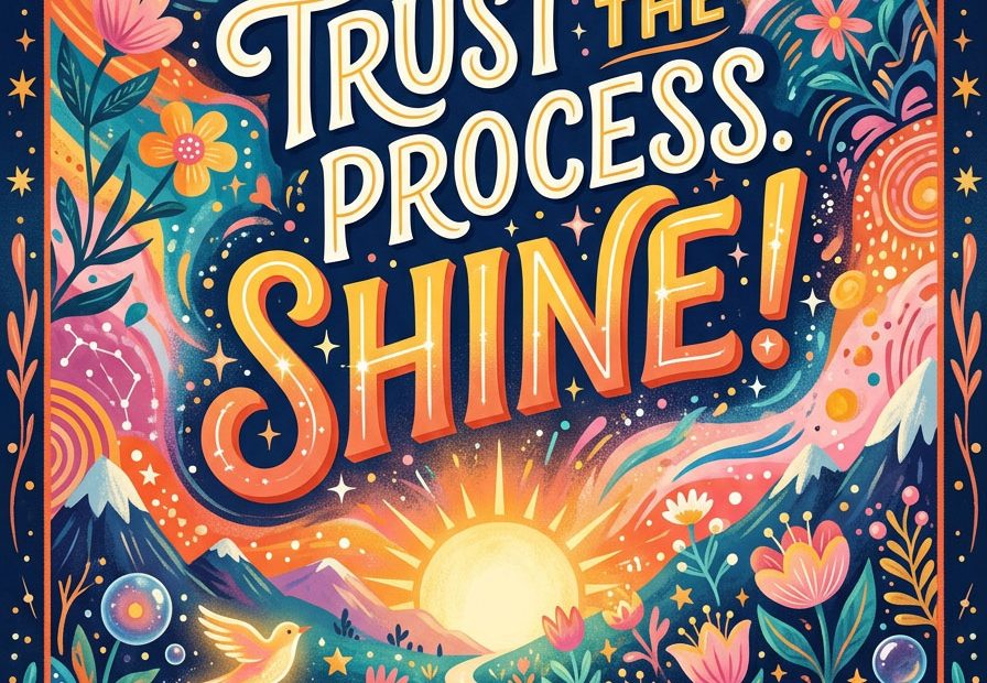 Vibrant, whimsical art with crescent moon, sunrise, stars, and florals; bold “Trust the Process, Shine!”—evoking sustainable fashion trends.