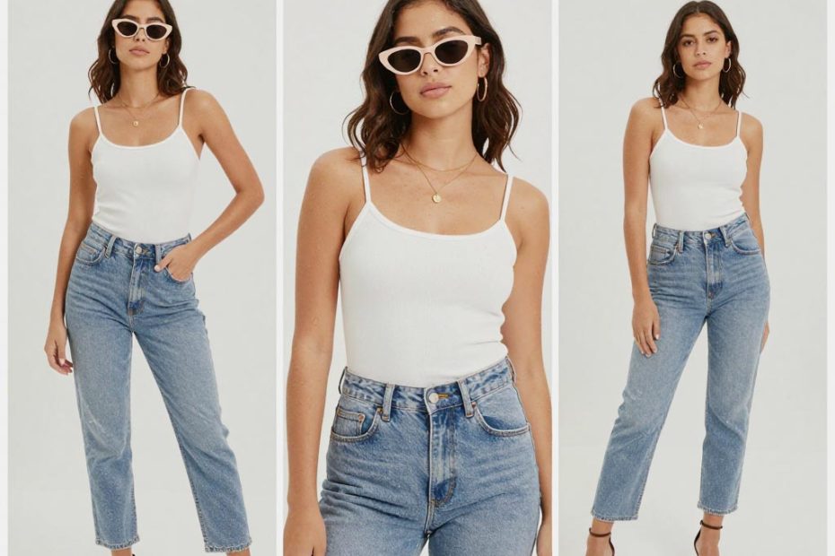 Stylish woman models a 2026 trend: white tank, high-waisted baggy jeans, hoop earrings, and sunglasses in three chic poses.