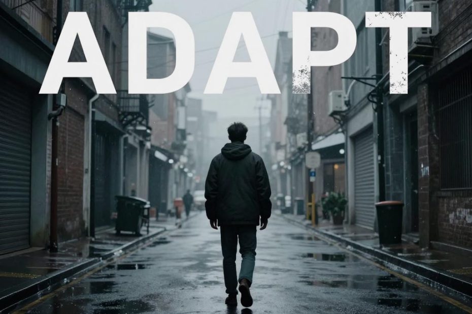 A solitary figure strolls a glistening city street, showcasing a stylish Coach bag beneath the bold headline "ADAPT"—a nod to urban trends.