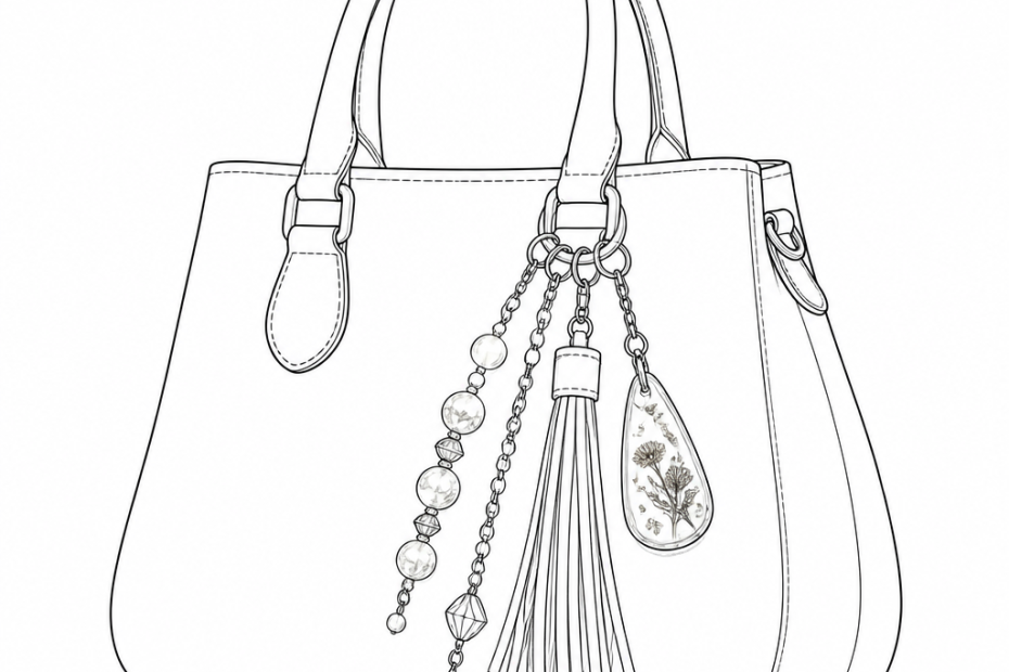 A stylish handbag line drawing with two handles, adorned with trendy DIY charms: a beaded chain, tassel, and floral teardrop charm.