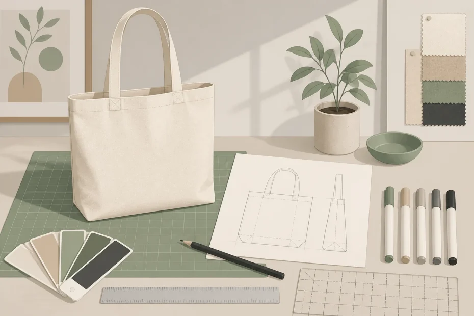 Chic beige tote bag rests among design sketches, color swatches, and art in a stylish workspace for trendsetting bag creation.