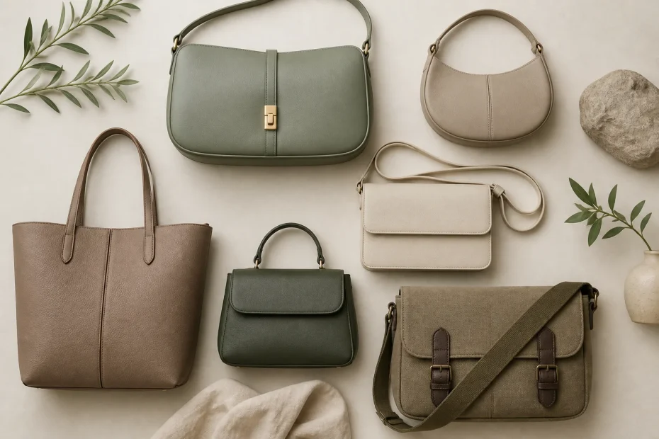 Six neutral-toned totes, crossbodies, and top-handle bags styled on a chic surface with leaves, a vase, and luxe fabrics nearby.