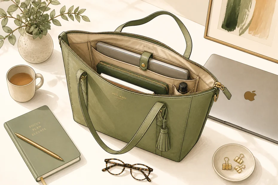 Chic green work tote with secured compartments holds essentials on a desk, blending style and function—a must for modern professionals.