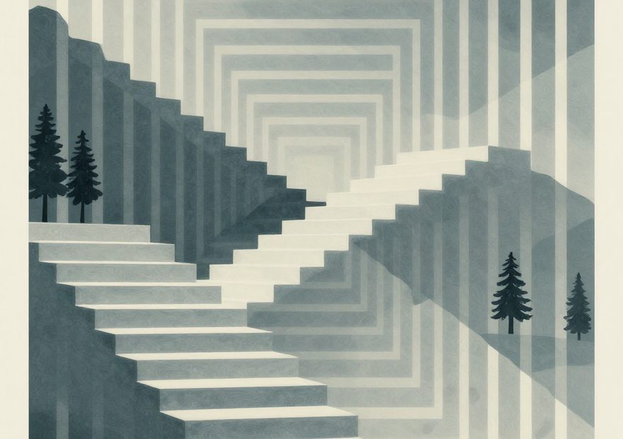 Surreal geometric art with endless white staircases and minimalist pines, evoking the elegance of modern travel accessories.