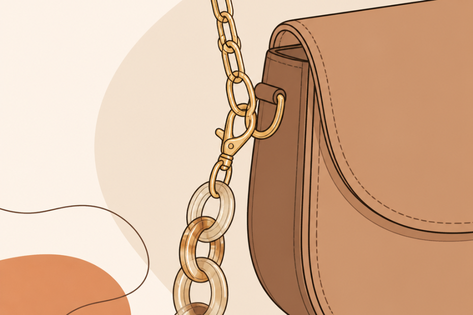 Chic tan handbag with an eye-catching gold chain strap and marbled links, spotlighting a statement fashion accessory trend.