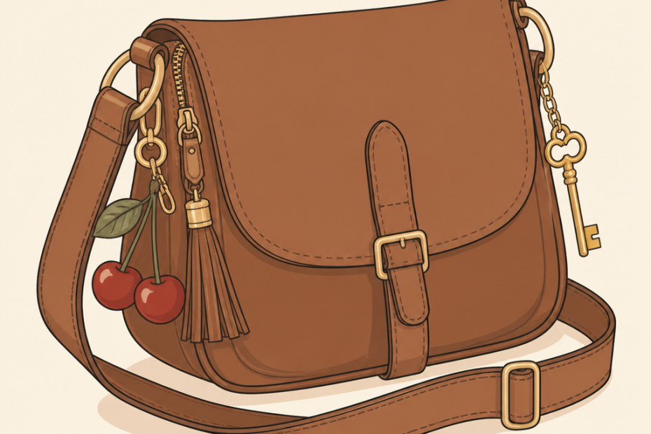 Chic brown leather crossbody bag with a buckle, gold key charm, tassel, and playful red cherry accents—perfect for on-trend style.