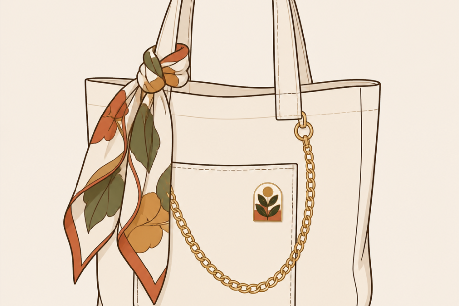 Chic cream tote with gold chain, front leaf emblem, and on-trend leaf-print scarf—an elegant accessory for any stylish ensemble.