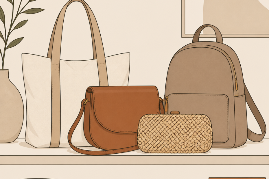 Chic white tote, brown satchel, woven clutch, and taupe backpack styled on a shelf with modern decor—effortless bag trend inspo.