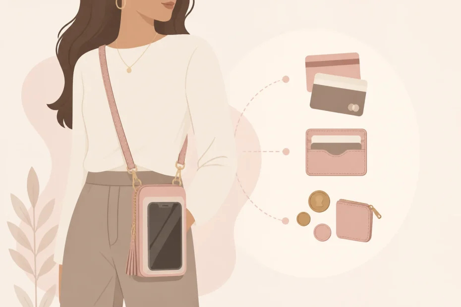 Chic illustration of a woman sporting a trendy crossbody phone bag, styled in pink and beige, showing off its fashion-forward storage for cards, wallet, coins, and essentials.