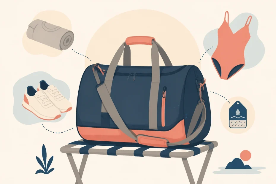 Chic gym bag on a bench, linked to towel, sneakers, swimsuit & water bottle—a stylish must-have accessory for trendsetters.