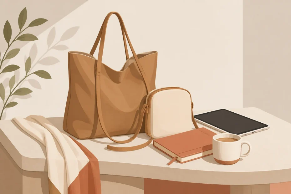 Chic tan purse and beige bag styled with a striped scarf, coffee, and essentials—an effortless, trend-forward desk flat lay.