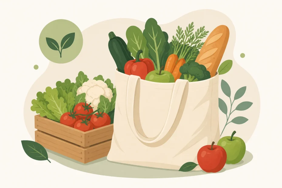 A chic reusable market tote brimming with veggies and a baguette pops against a rustic crate of produce—farm-to-fashion in style.