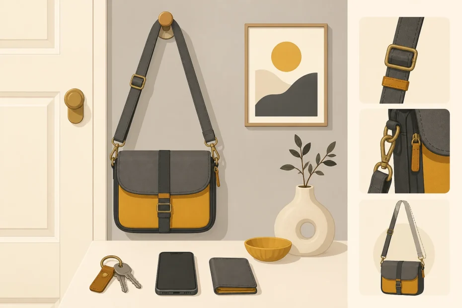 Trendy yellow and gray crossbody bag with chic hardware hangs near artsy décor, combining style and value for on-the-go fashion.