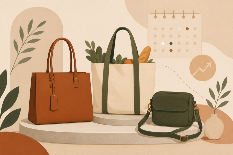 Three chic handbags—a brown tote, beige shopper, and green crossbody—pop amid plants, channeling earthy tones and fresh style trends.