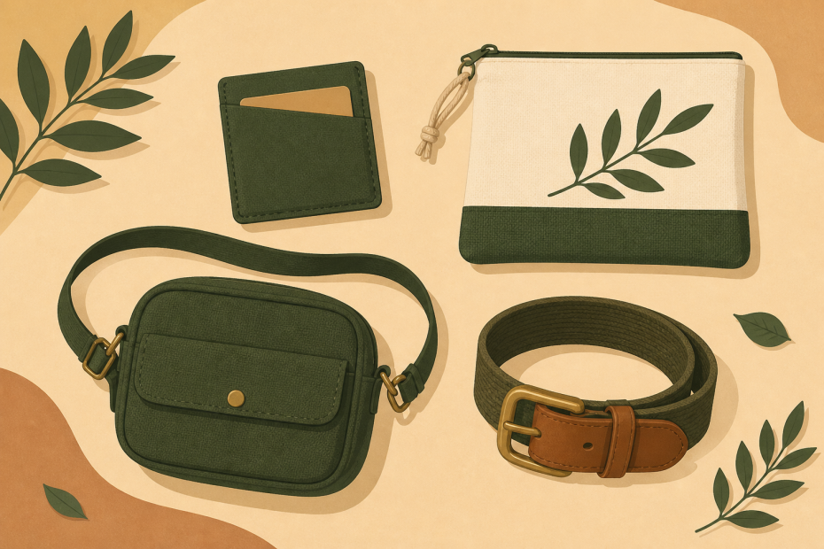 Chic green fashion accessories—crossbody bag, cardholder, leaf-print pouch, and belt—styled on a beige backdrop with leaf accents.