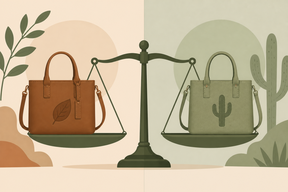 A balance scale displays a brown leaf-accented bag and a green cactus bag, highlighting the earthy tones trending in eco-accessories.