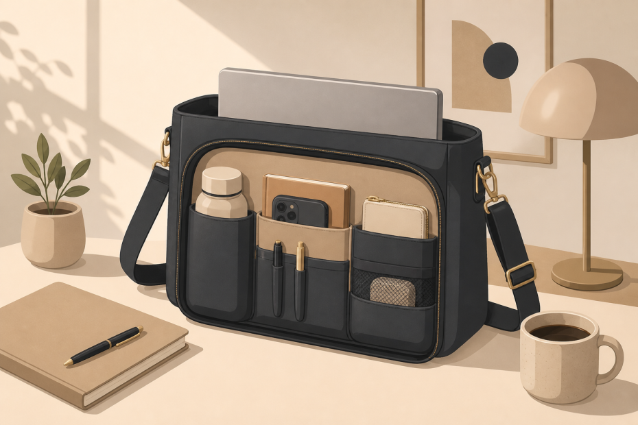Chic black-and-beige tote, a must-have work accessory, stylishly organized with essentials on a trendy desk in a softly lit space.