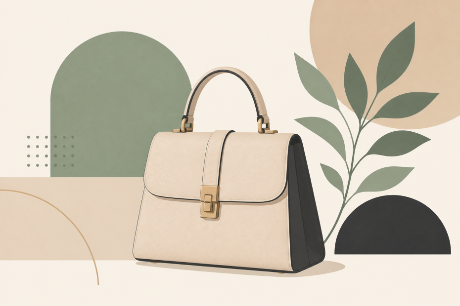 Chic beige handbag with gold hardware displayed against stylish geometric and leafy backdrops—perfect for elevating any modern look.