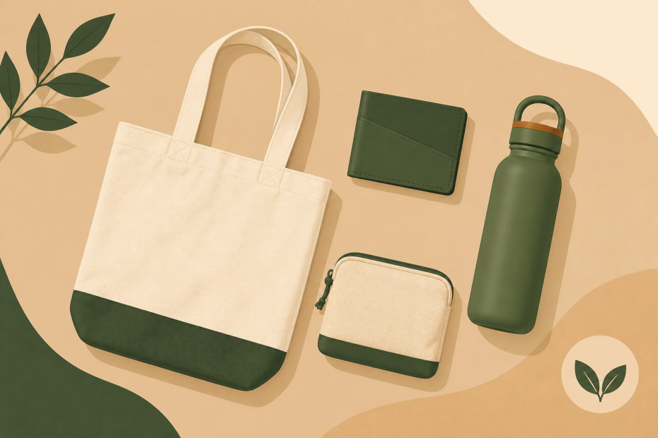 Chic beige and green tote, wallet, pouch, and water bottle styled on a leafy backdrop, showcasing sustainable fashion accessories.