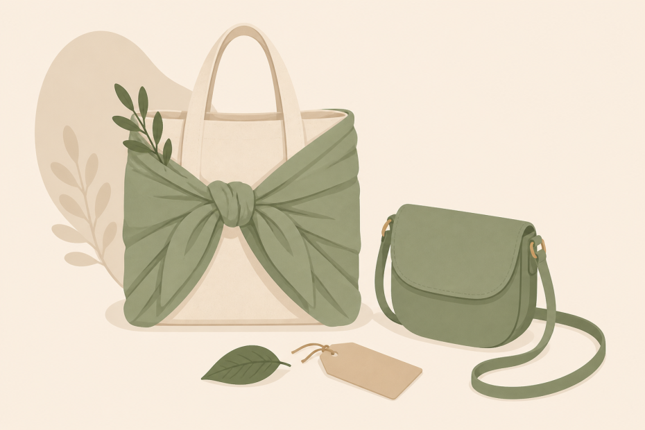 Chic green tote with a knotted wrap and foliage beside a sleek crossbody purse—fresh, trendy accessories styled on a soft backdrop.